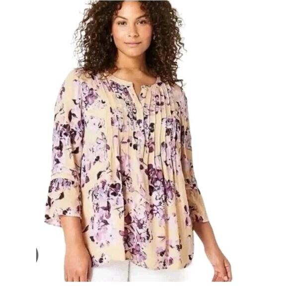 J. Jill Pintuck Bell Sleeve Purple Peach Blouse Top Petite XS - Picture 1 of 4